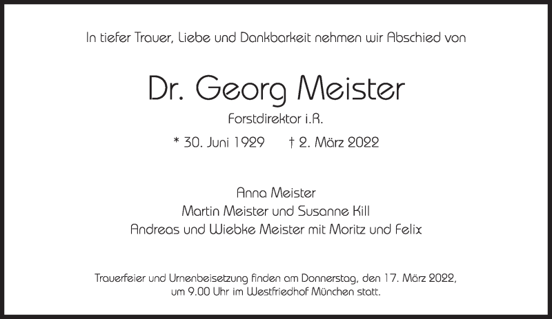  Traueranzeige für Georg Meister vom 12.03.2022 aus Süddeutsche Zeitung