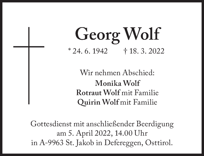  Traueranzeige für Georg Wolf vom 26.03.2022 aus Süddeutsche Zeitung