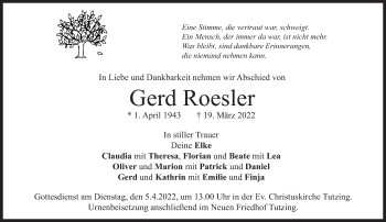 Traueranzeige von Gerd Roesler von Süddeutsche Zeitung