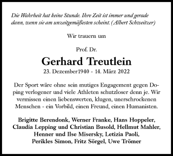 Traueranzeige von Gerhard Treutlein von Süddeutsche Zeitung