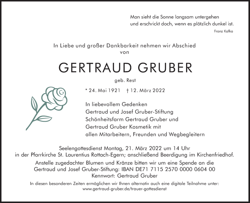  Traueranzeige für Gertraud Gruber vom 16.03.2022 aus Süddeutsche Zeitung