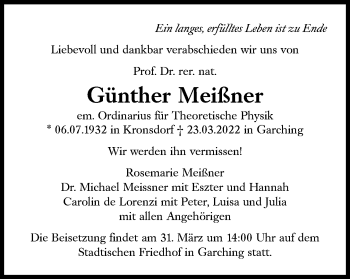 Traueranzeige von Günther Meißner von Süddeutsche Zeitung