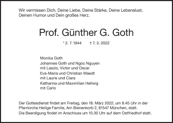 Traueranzeige von Günther G. Goth von Süddeutsche Zeitung