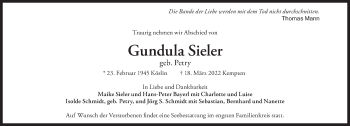 Traueranzeige von Gundula Sieler von Süddeutsche Zeitung