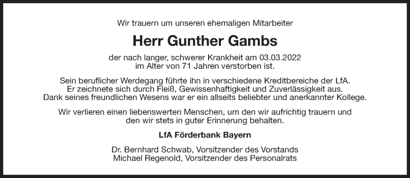  Traueranzeige für Gunther Gambs vom 19.03.2022 aus Süddeutsche Zeitung