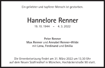 Traueranzeige von Hannelore Renner von Süddeutsche Zeitung