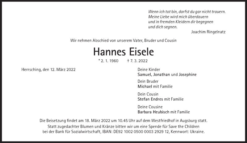  Traueranzeige für Hannes Eisele vom 12.03.2022 aus Süddeutsche Zeitung