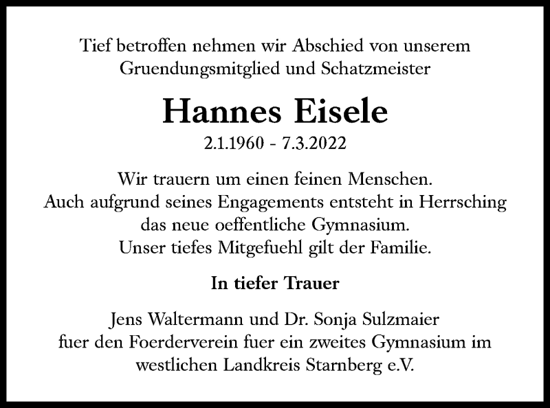 Traueranzeige für Hannes Eisele vom 12.03.2022 aus Süddeutsche Zeitung