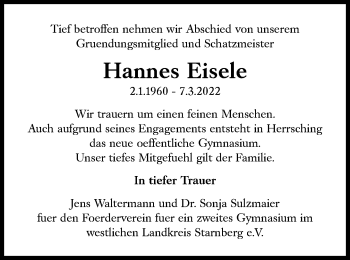 Traueranzeige von Hannes Eisele von Süddeutsche Zeitung