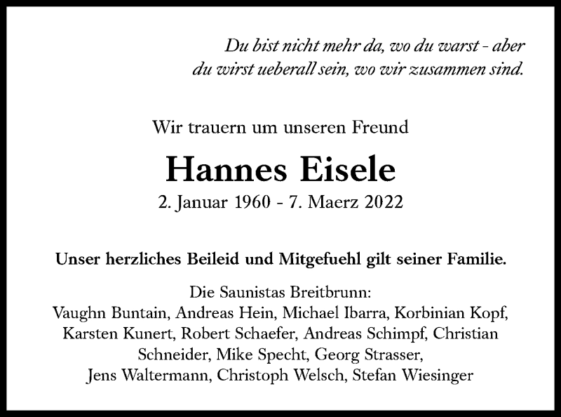  Traueranzeige für Hannes Eisele vom 12.03.2022 aus Süddeutsche Zeitung