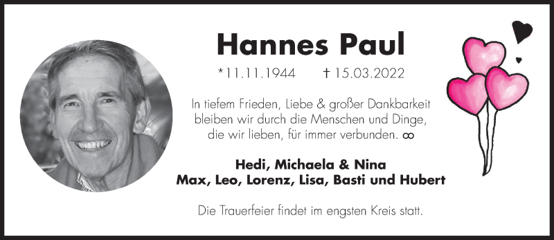  Traueranzeige für Hannes Paul vom 19.03.2022 aus Süddeutsche Zeitung
