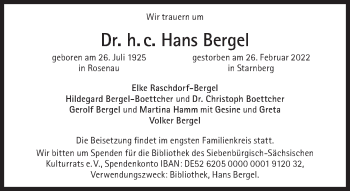 Traueranzeige von Hans Bergel von Süddeutsche Zeitung