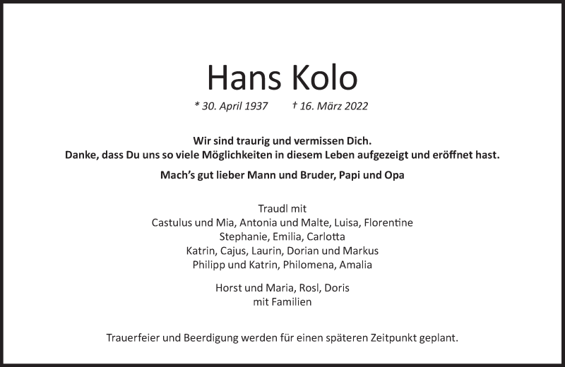  Traueranzeige für Hans Kolo vom 19.03.2022 aus Süddeutsche Zeitung