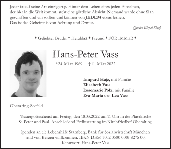 Traueranzeige von Hans-Peter Vass von Süddeutsche Zeitung