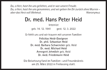 Traueranzeige von Hans Peter Heid von Süddeutsche Zeitung