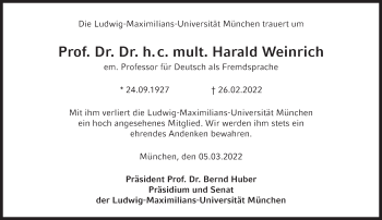 Traueranzeige von Harald Weinrich von Süddeutsche Zeitung