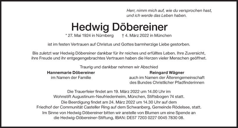  Traueranzeige für Hedwig Döbereiner vom 12.03.2022 aus Süddeutsche Zeitung