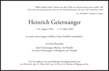 Traueranzeige von Heinrich Geierstanger von Süddeutsche Zeitung