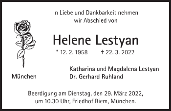 Traueranzeige von Helene Lestyan von Süddeutsche Zeitung