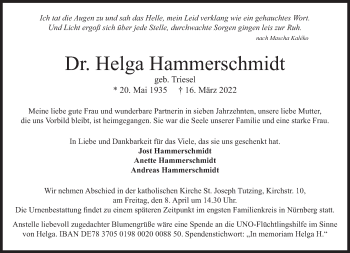Traueranzeige von Helga Hammerschmidt von Süddeutsche Zeitung