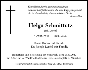 Traueranzeige von Helga Schmittutz von Süddeutsche Zeitung