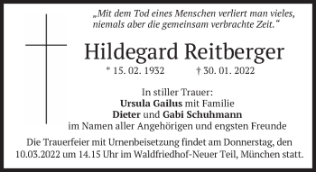 Traueranzeige von Hildegard Reitberger von Süddeutsche Zeitung