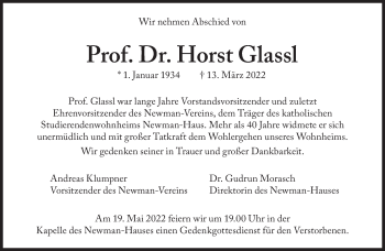 Traueranzeige von Horst Glassl von Süddeutsche Zeitung