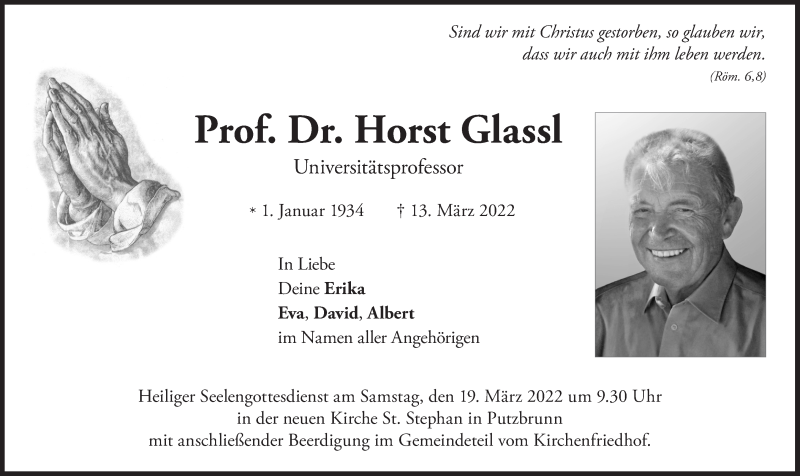  Traueranzeige für Horst Glassl vom 16.03.2022 aus Süddeutsche Zeitung