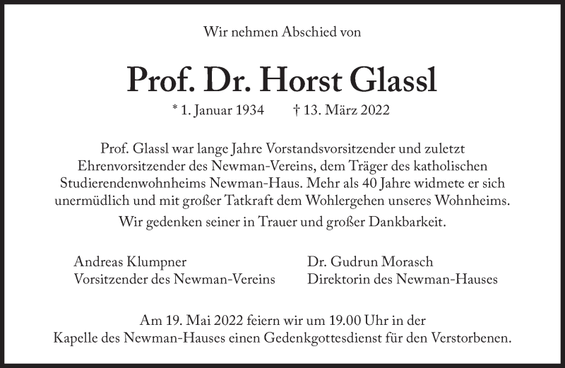  Traueranzeige für Horst Glassl vom 18.03.2022 aus Süddeutsche Zeitung