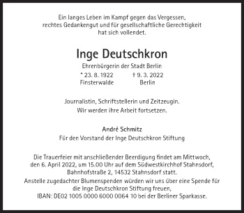Traueranzeige von Inge Deutschkron von Süddeutsche Zeitung