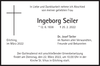 Traueranzeige von Ingeborg Seiler von Süddeutsche Zeitung