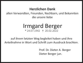 Traueranzeige von Irmgard Berger von Süddeutsche Zeitung