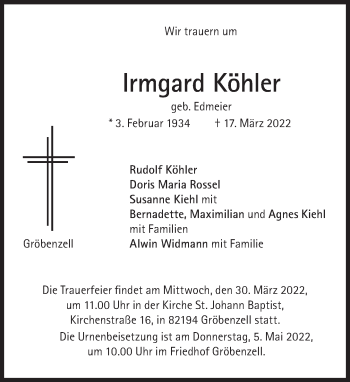 Traueranzeige von Irmgard Köhler von Süddeutsche Zeitung