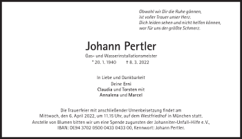 Traueranzeige von Johann Pertler von Süddeutsche Zeitung