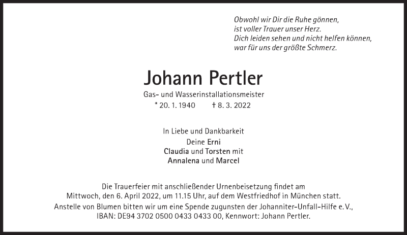  Traueranzeige für Johann Pertler vom 26.03.2022 aus Süddeutsche Zeitung