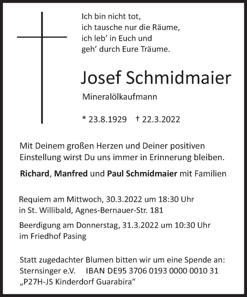  Traueranzeige für Josef Schmidmaier vom 26.03.2022 aus Süddeutsche Zeitung