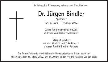 Traueranzeige von Jürgen Bindler von Süddeutsche Zeitung