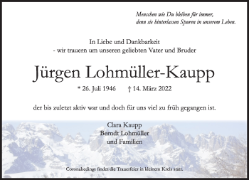 Traueranzeige von Jürgen Lohmüller-Kaupp von Süddeutsche Zeitung