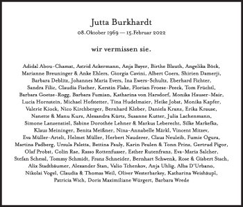 Traueranzeige von Jutta Burkhardt von Süddeutsche Zeitung