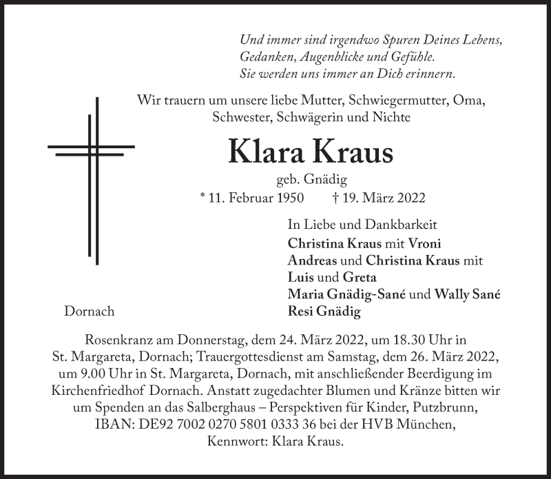  Traueranzeige für Klara Kraus vom 23.03.2022 aus Süddeutsche Zeitung