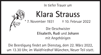 Traueranzeige von Klara Strauss von Süddeutsche Zeitung