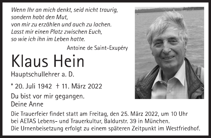  Traueranzeige für Klaus Hein vom 19.03.2022 aus Süddeutsche Zeitung