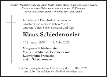 Traueranzeige von Klaus Schiedemeier von Süddeutsche Zeitung