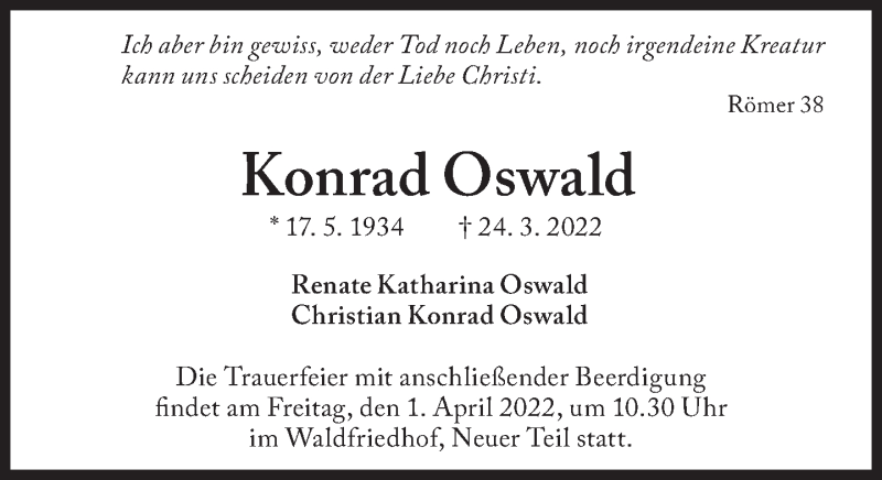  Traueranzeige für Konrad Oswald vom 28.03.2022 aus Süddeutsche Zeitung