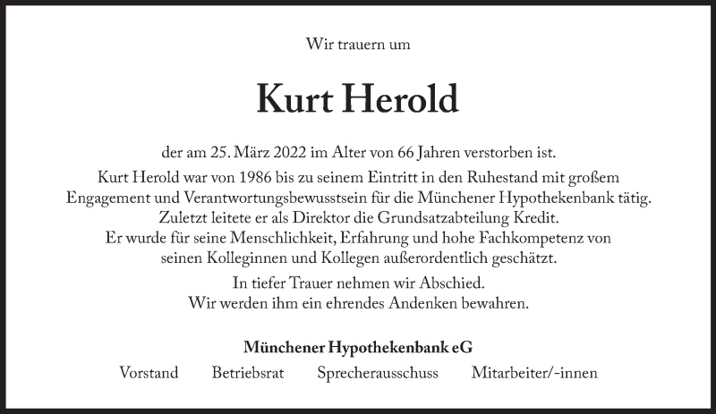  Traueranzeige für Kurt Herold vom 31.03.2022 aus Süddeutsche Zeitung