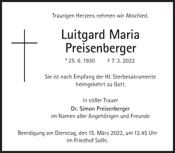 Traueranzeige von Luitgard Maria Preisenberger von Süddeutsche Zeitung