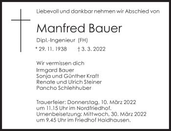 Traueranzeige von Manfred Bauer von Süddeutsche Zeitung