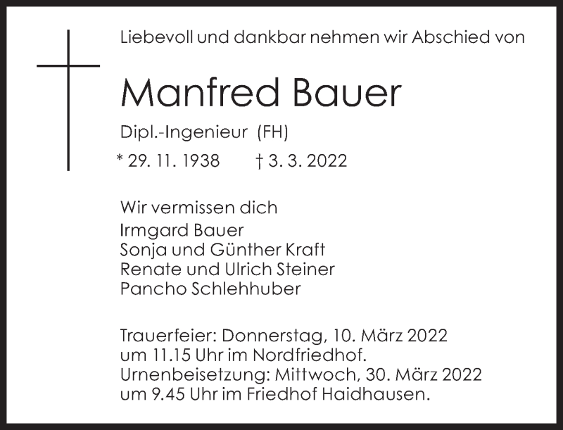  Traueranzeige für Manfred Bauer vom 08.03.2022 aus Süddeutsche Zeitung