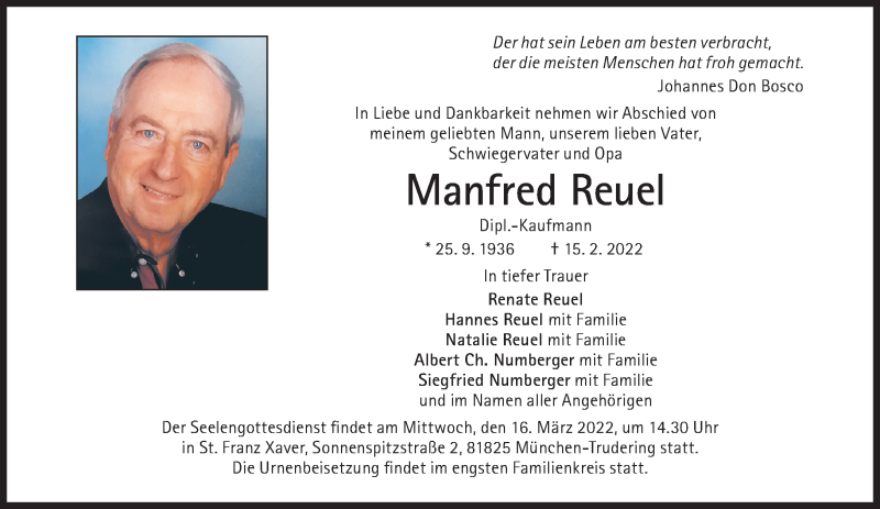  Traueranzeige für Manfred Reuel vom 12.03.2022 aus Süddeutsche Zeitung