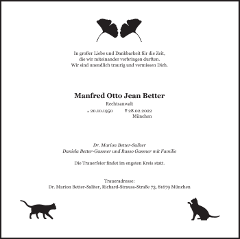 Traueranzeige von Manfred Otto Jean Better von Süddeutsche Zeitung